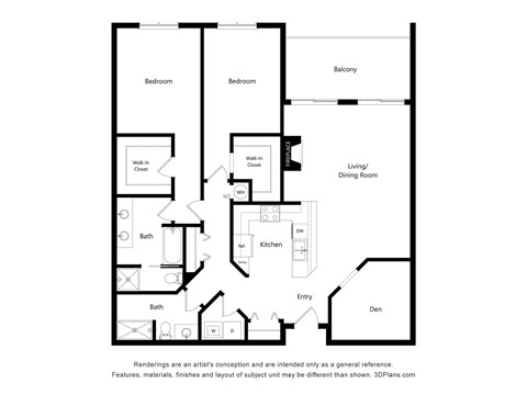 Floor plan for 2 beds, 2 baths, 1371 sqft